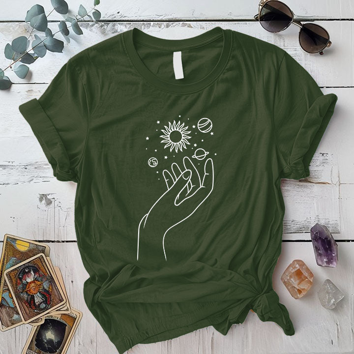 Celestial Hand T Shirt Military Green Mockup
