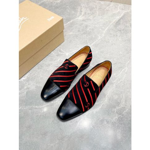 CL Men Loafers Stripe Logo Embroidery Velvet Black Red