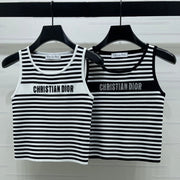 Dior 2026 Striped Letter Crew Neck Knit Vest Black and White Wool