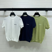 Miumiu 2026 Crew Neck Knit Short-Sleeve Shirt with Letter Logo Tencel