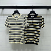 Miumiu 2026 Striped Knit Short-sleeved Top Cream and Black Wool Tencel 356453
