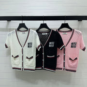 Miumiu 2026 Hollow V-neckline Cardigan Black White Pink Wool
