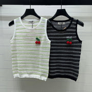 Miumiu 2026 Cherry-embroidered Knitted Sleeveless Crop Top Tencel Nylon