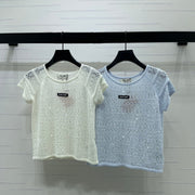 Miumiu 2026 Hollowed-out Knit Top Blue White Wool Polyester