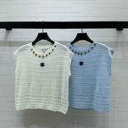 Chanel 2026 Hollow-out Knit Sleeveless Vest Blue and White Cotton 359840