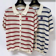 Chanel 2026 Striped Knit Polo Shirt Laine Wool 442989