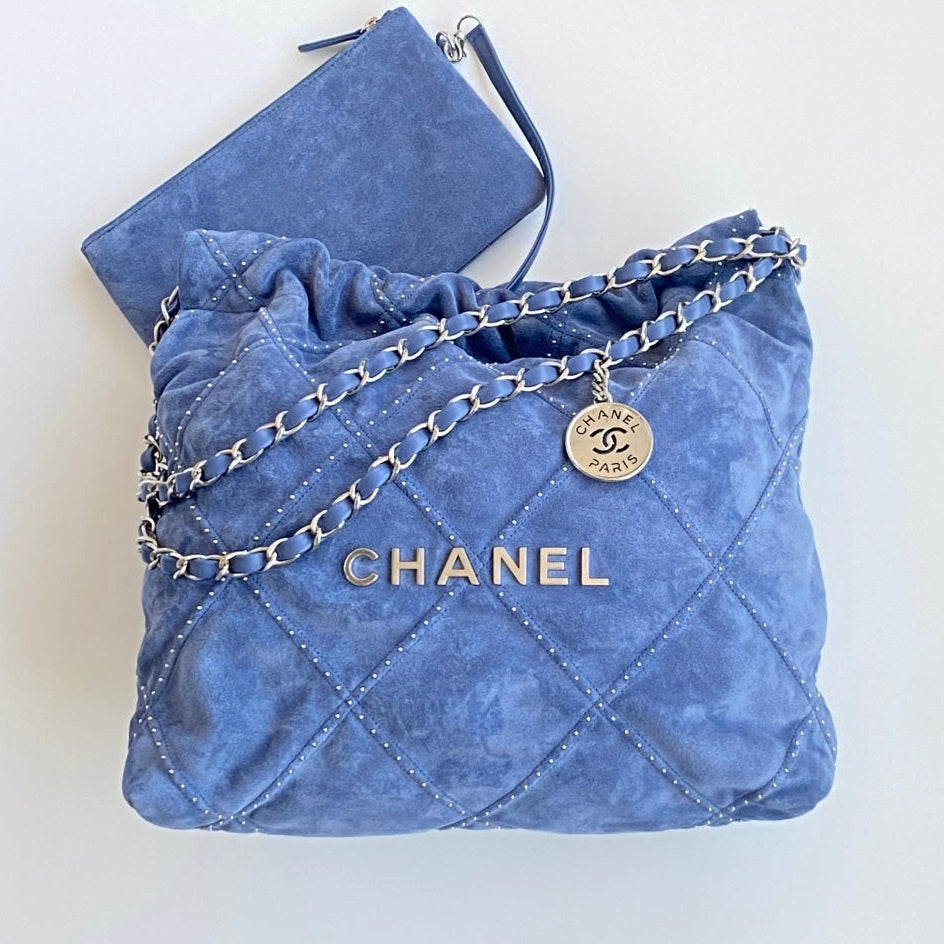 Chanel 25 Quilted Studded Bag Blue Suede