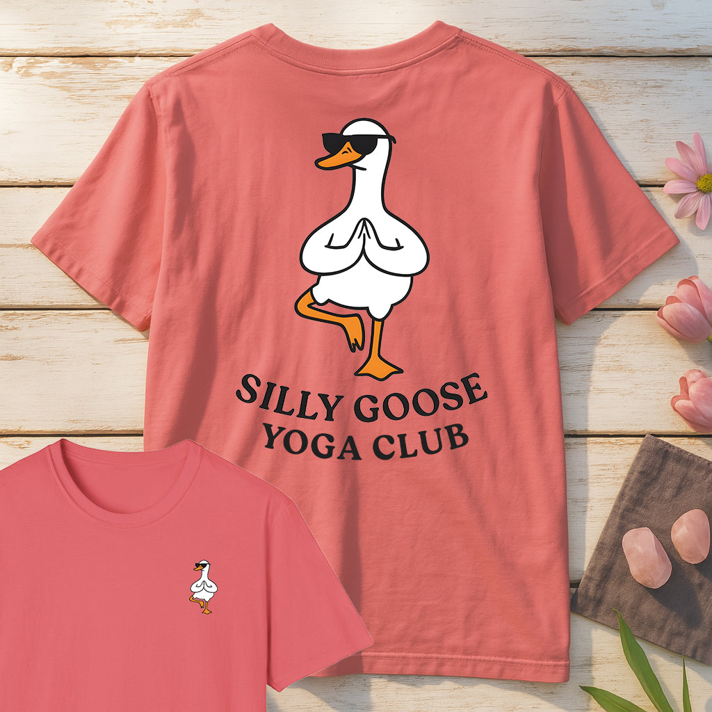 Silly Goose Yoga Club T-Shirt Mockup coral-silk