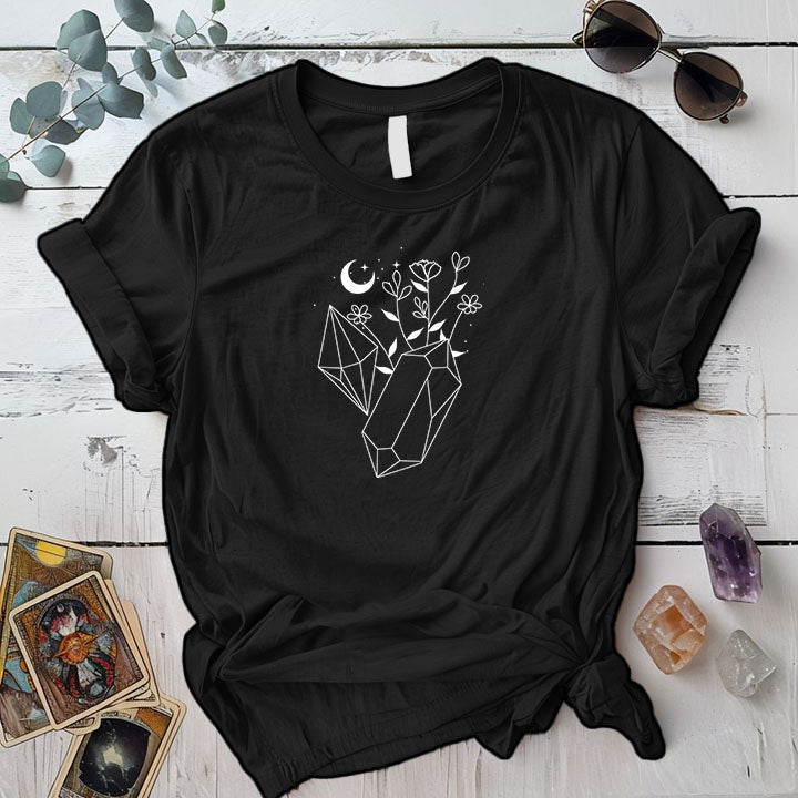 Crystals And Flowers T Shirt Black Mockup