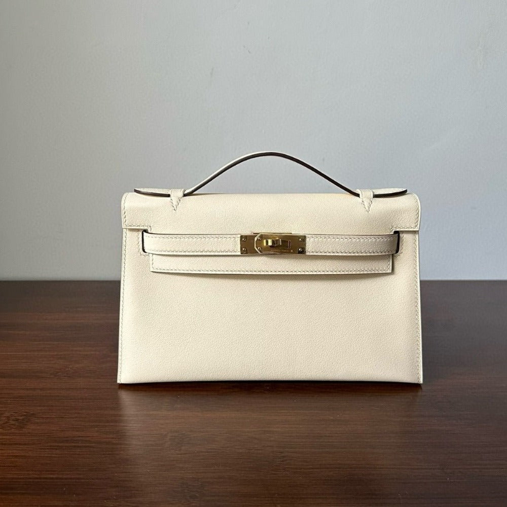 HM KELLY POCHETTE 22CM WHITE BEIGE SWIFT GOLD HARDWARE BEST