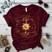 Golden Hands Boho Moon T Shirt 1 Maroon Mockup