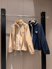 Prada Stand-up Collar Hooded Jacket Dark Blue and Khaki nylon