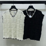 Chanel 2026 V-Neck Knit Vest Black and White Cotton Polyamide