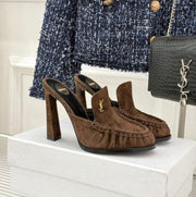 YSL 26ss High Heeled Open Back 105 Sandals Suede