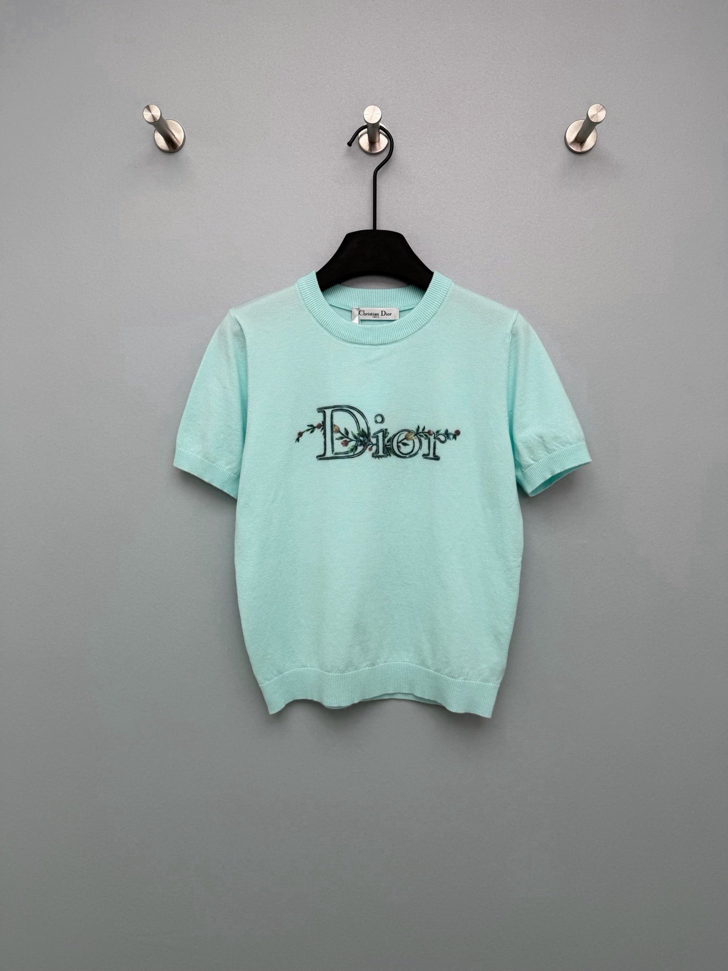 Dior 2026 Floral Embroidery Short-Sleeved Knit Top Cream and Blue Wool