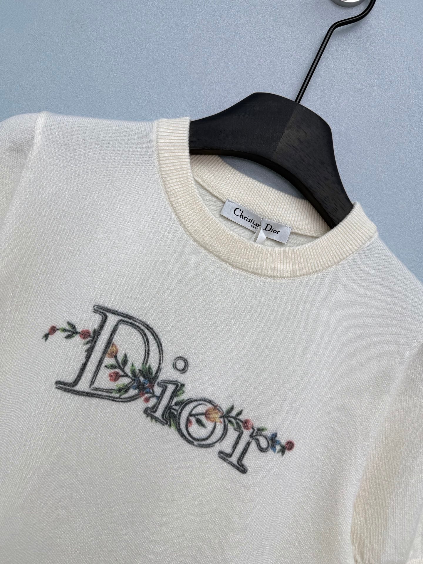 Dior 2026 Floral Embroidery Short-Sleeved Knit Top Cream and Blue Wool