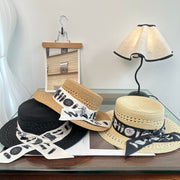 Chanel Flat-Top Straw Hat With Silk Ribbon 229106