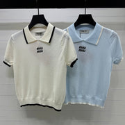 Miumiu 2026 Hollow-out Knitted Collared Short-sleeved Top Wool 385409