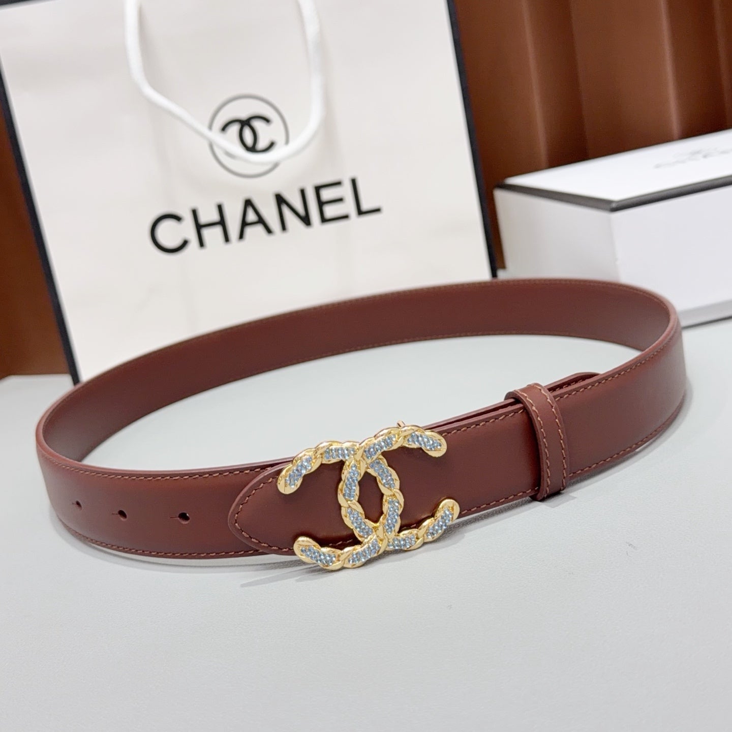 Chanel 2026 Double CC Crystal Buckle Belt 30mm Cowhide
