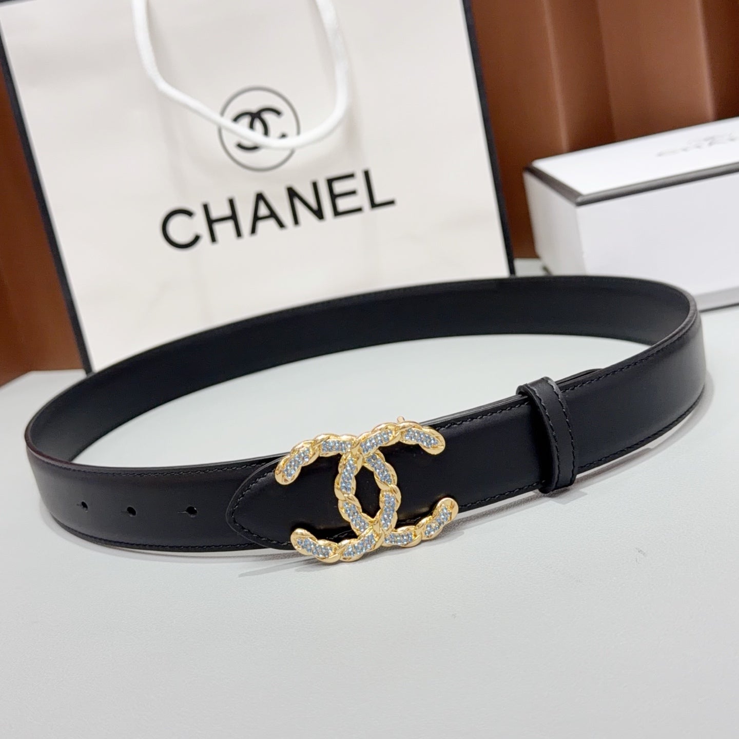 Chanel 2026 Double CC Crystal Buckle Belt 30mm Cowhide
