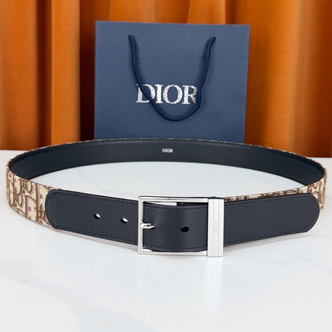 Dior 2026 Oblique Jacquard Reversible Strap Belt 35mm Canvas Leather