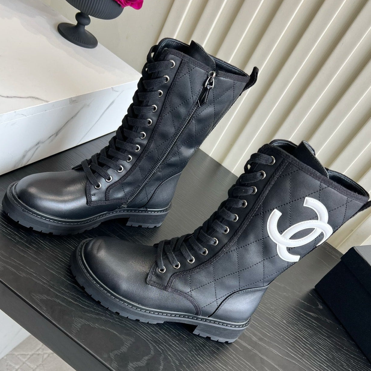 Chanel 2026 Quilted Logo Lace Up Tall Combat Boots Suede Cowhide 977208