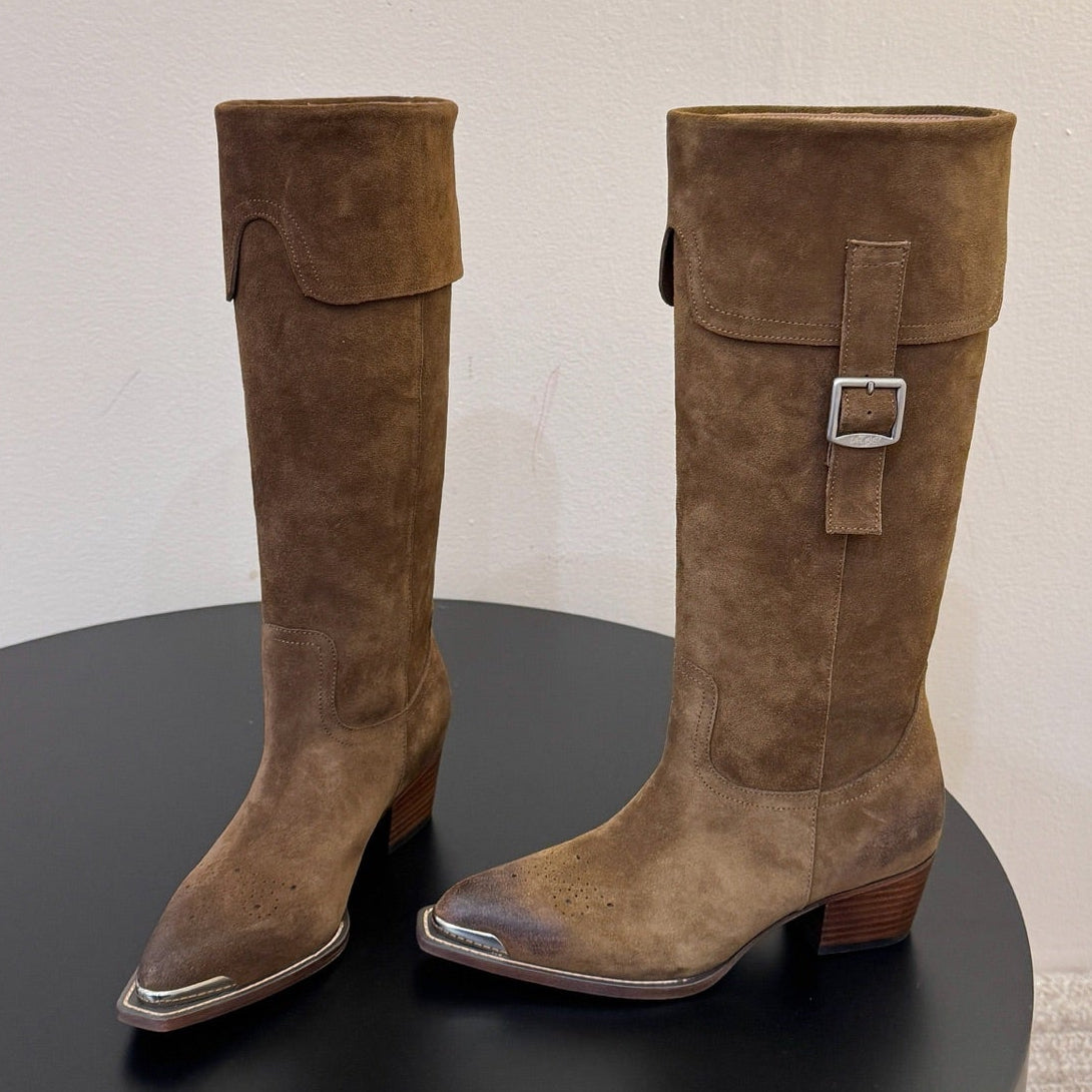 Celine 2026 Buckle Strap Knee-High Boots Cowhide Suede 104476