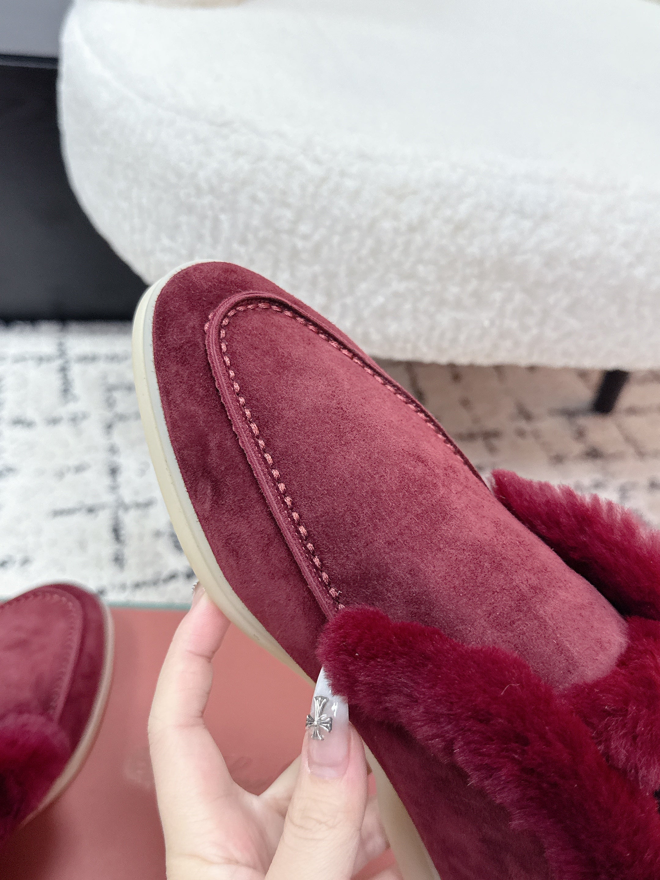 LP 26SS Open Walk Ankle Boot Burgundy Suede Fur 617383