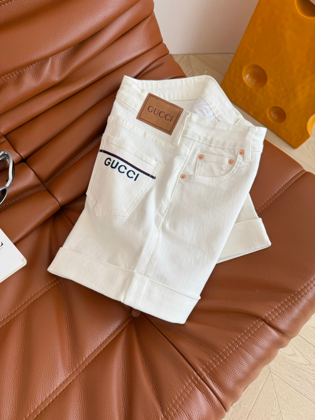 Gucci 25 Logo Embroidered Rolled-hem Denim Shorts Cotton