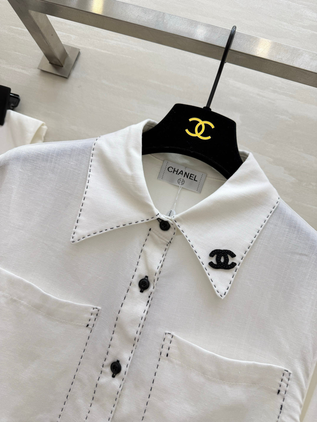 Chanel 2026 Black Logo And Button Shirt White Cotton 391171