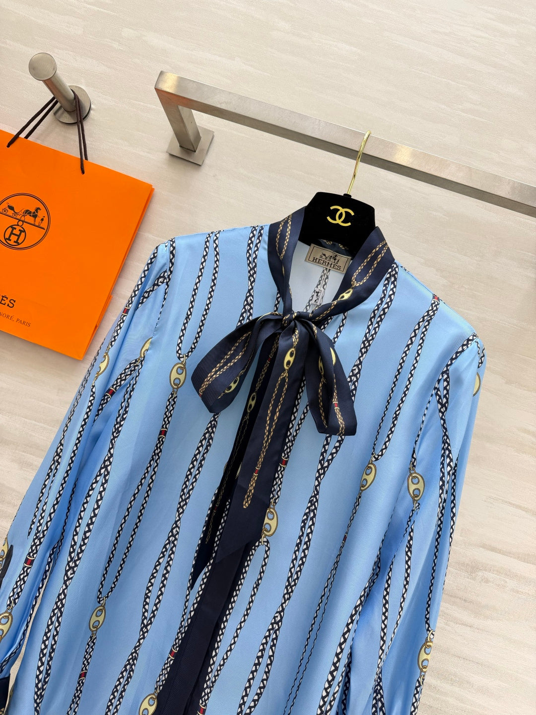 Hermes 2026 Chain Print Ribbon Shirt Blue Silk 408796