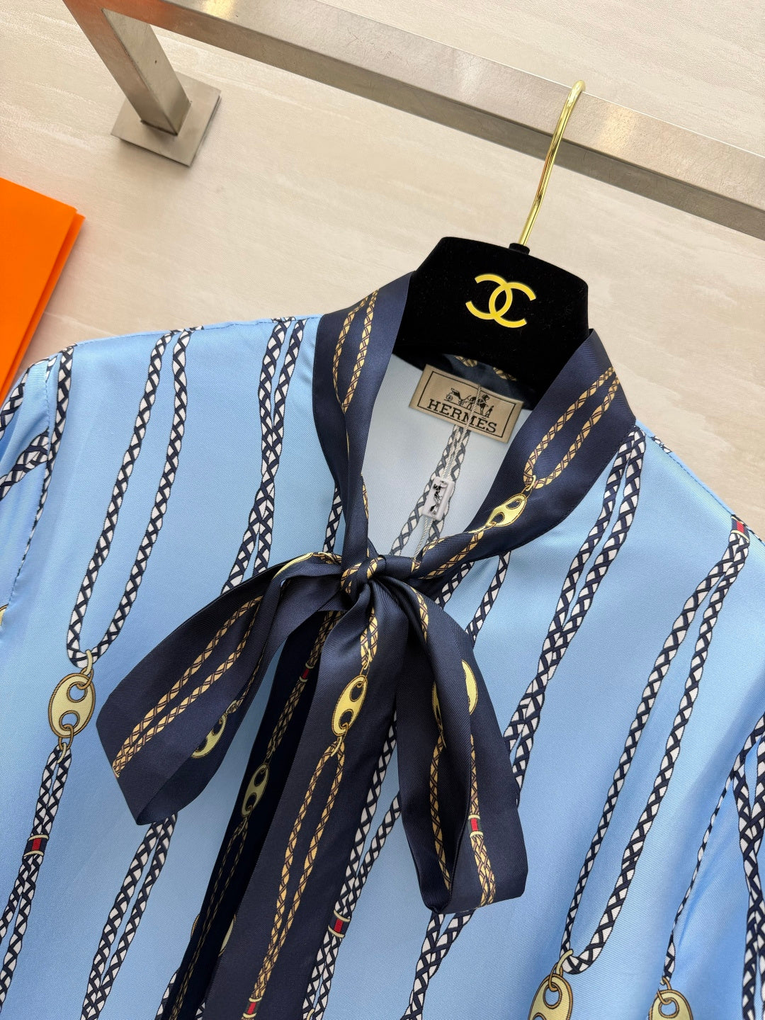 Hermes 2026 Chain Print Ribbon Shirt Blue Silk 408796