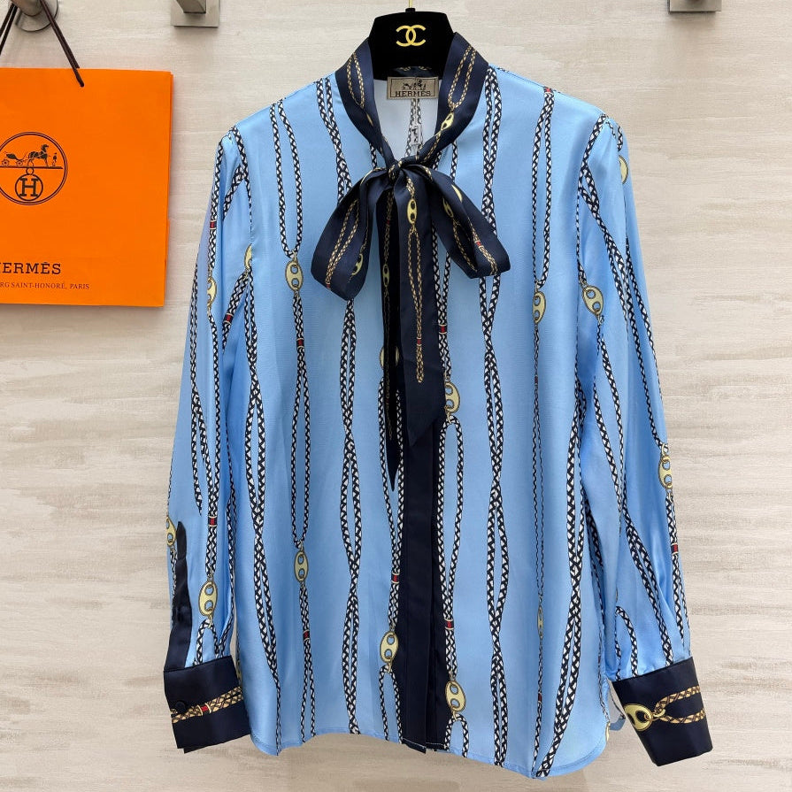 Hermes 2026 Chain Print Ribbon Shirt Blue Silk 408796