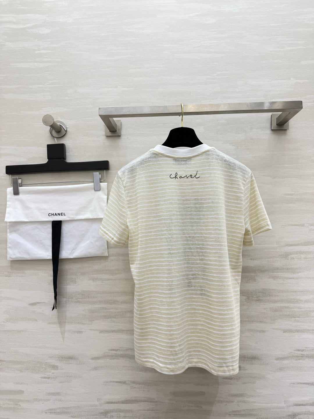 Chanel 2026 Striped Print Short-Sleeve T-Shirt Cream Blue Green Cotton