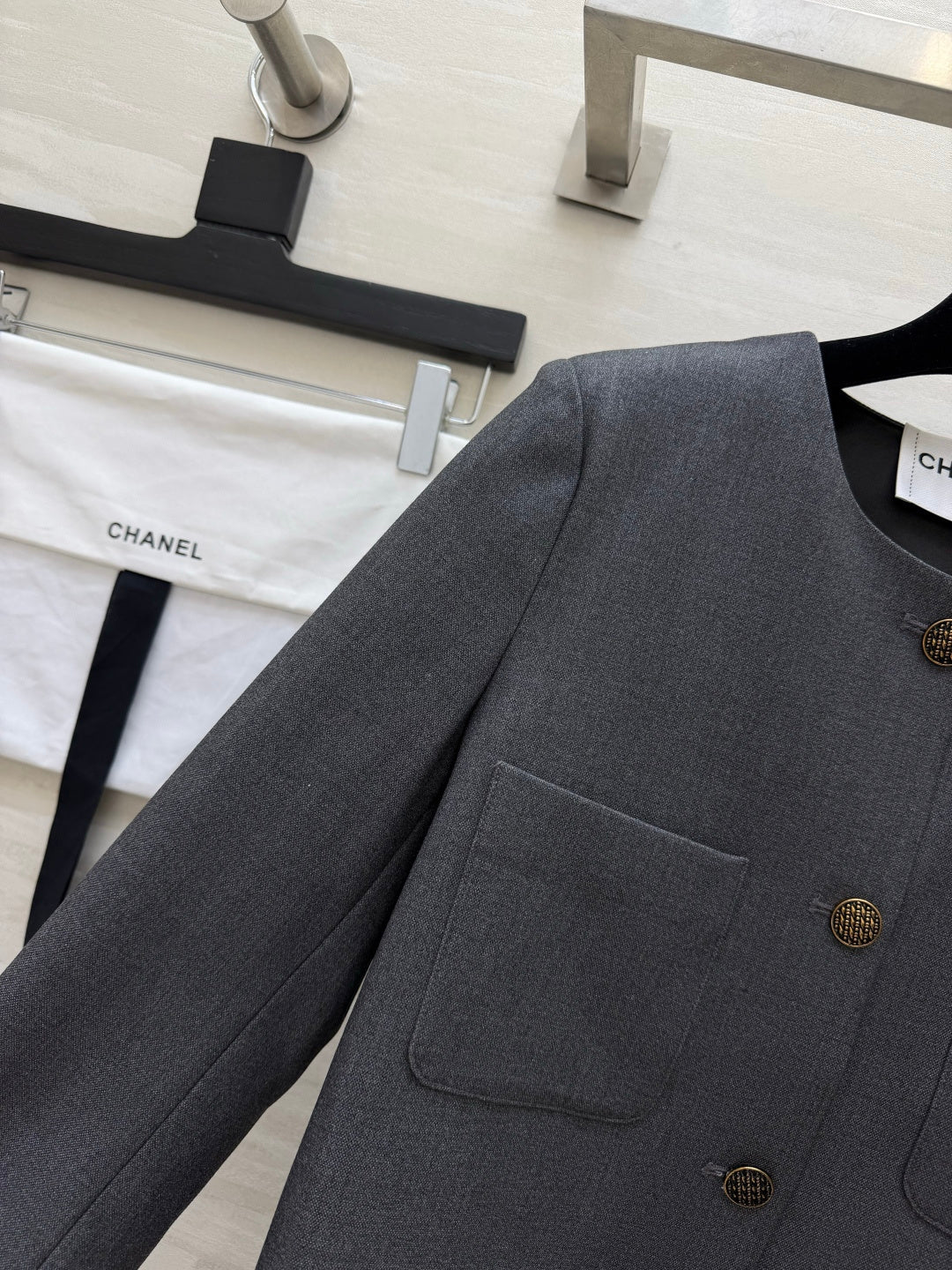Chanel 2026 Crew Neck Short Jacket Dark Grey Fabric 422128