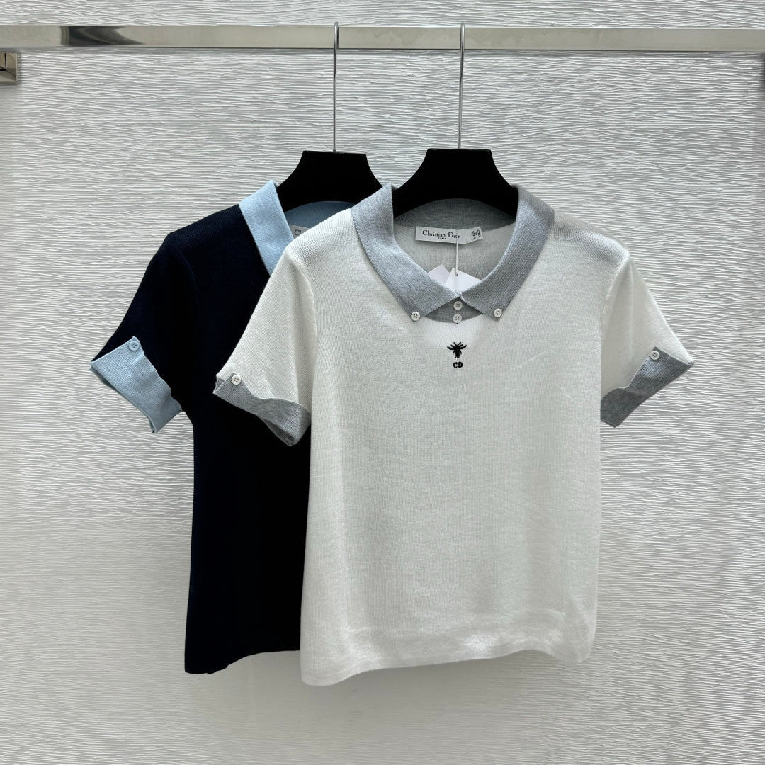 Dior 2026 Polo Shirt White and Navy Blue Wool
