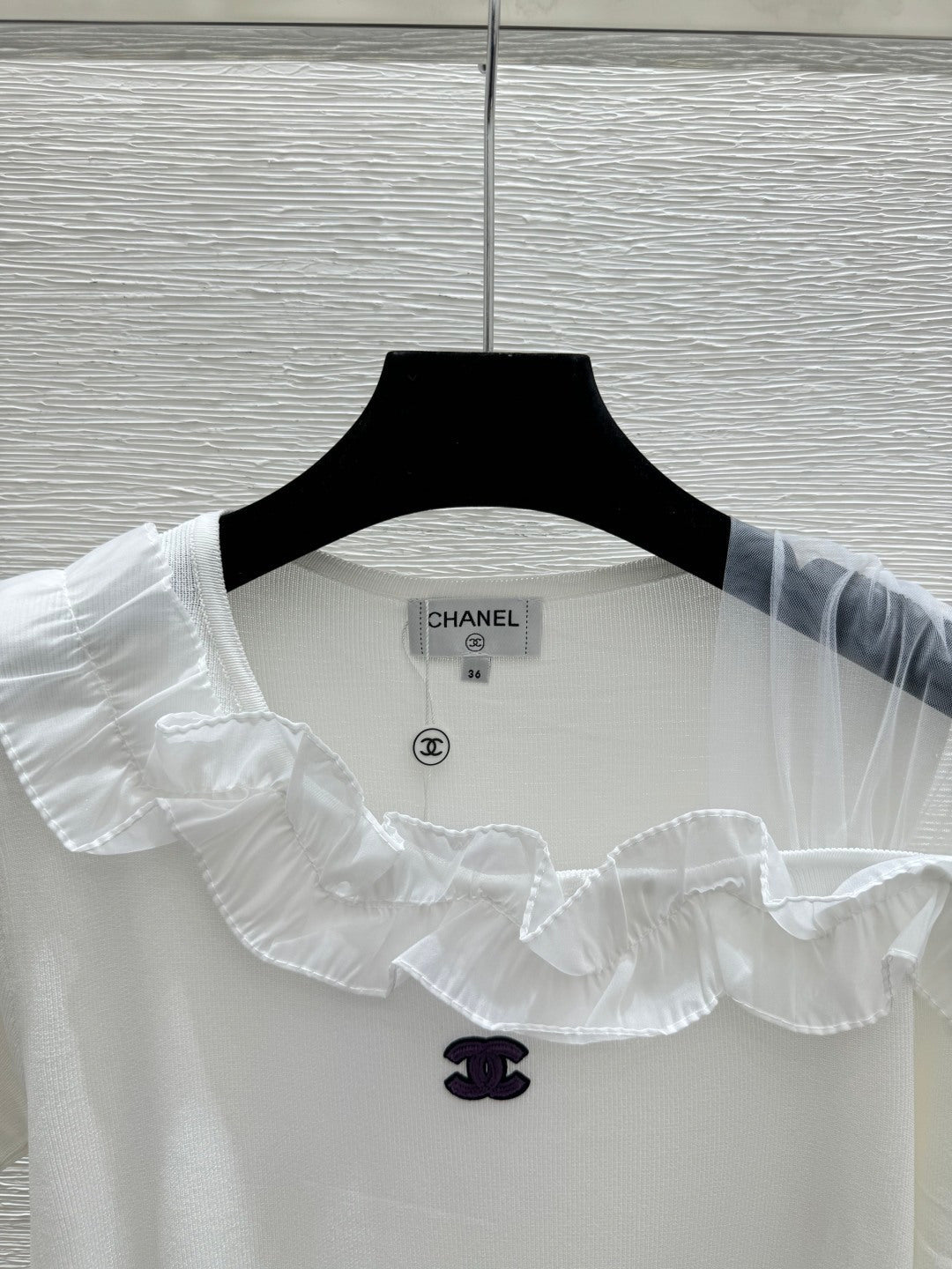 Chanel 2026 Ruffled Neckline Knit Top Black White Wool Nylon