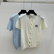 Miumiu 2026 Knit Short-sleeved Cardigan White and Blue Wool