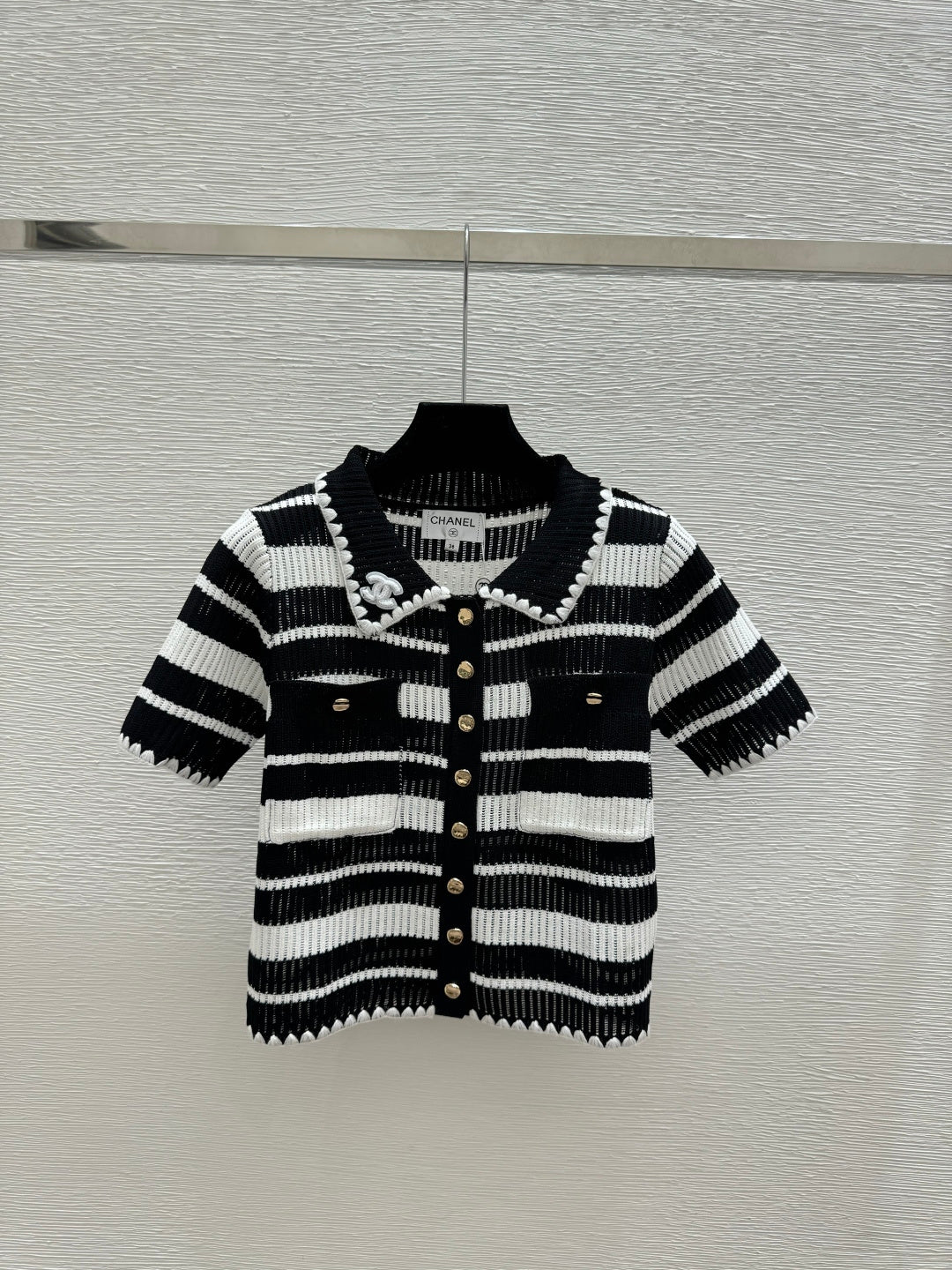 Chanel 2026 Striped Collared Knitted Short-Sleeve Cardigan 170591