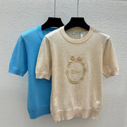 Dior 2026 Embroidered Logo Short-Sleeve Knit Top Blue and Beige Wool 374945