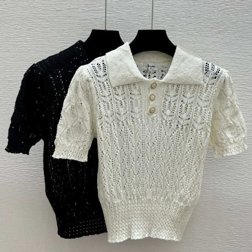 Chanel 2026 Sequin Hollow-Out Collar Knit Short-Sleeve Cotton 397678