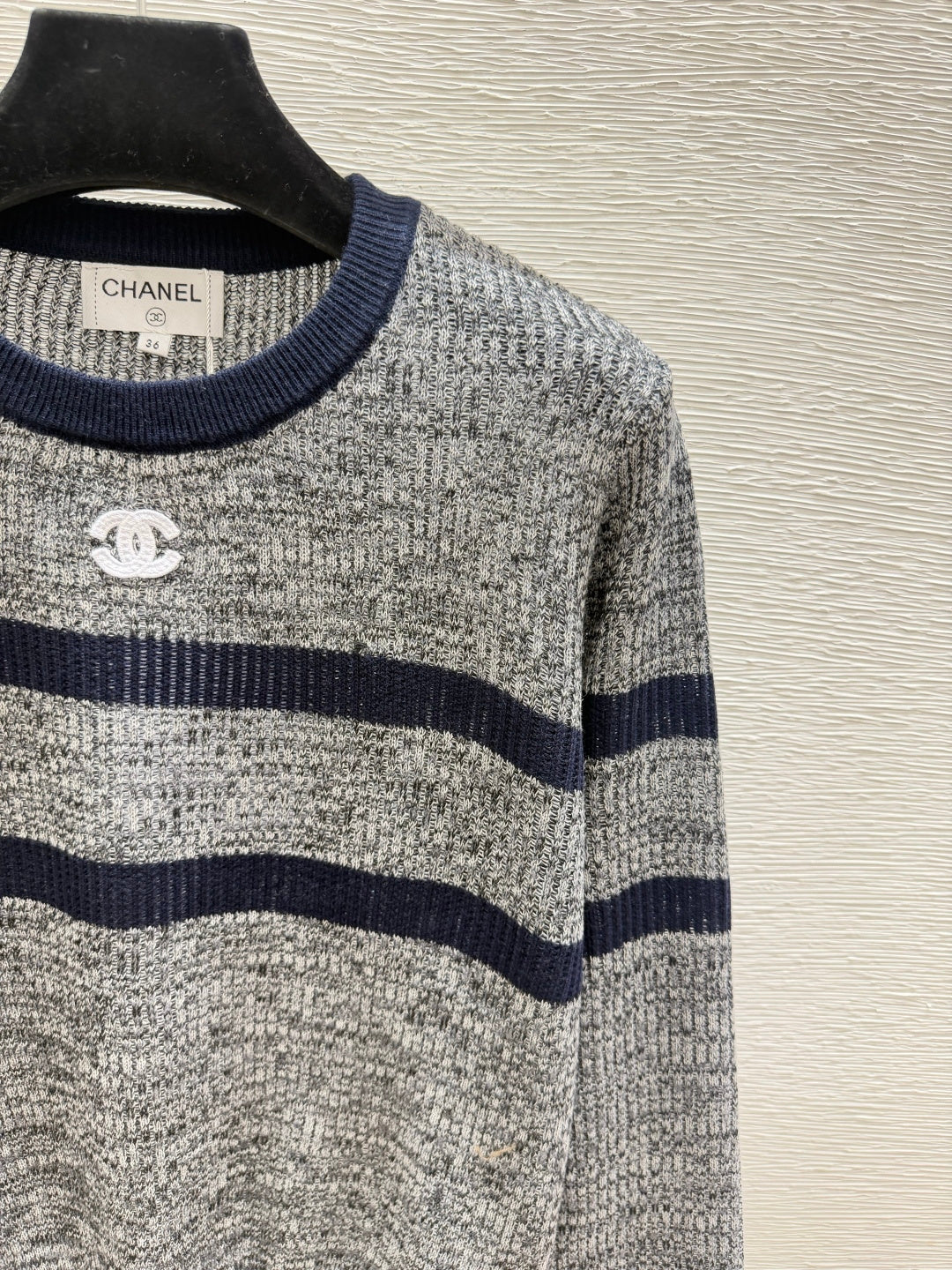 Chanel 2026 Striped Crew Neck Knit Long Sleeve Gray Wool 244670
