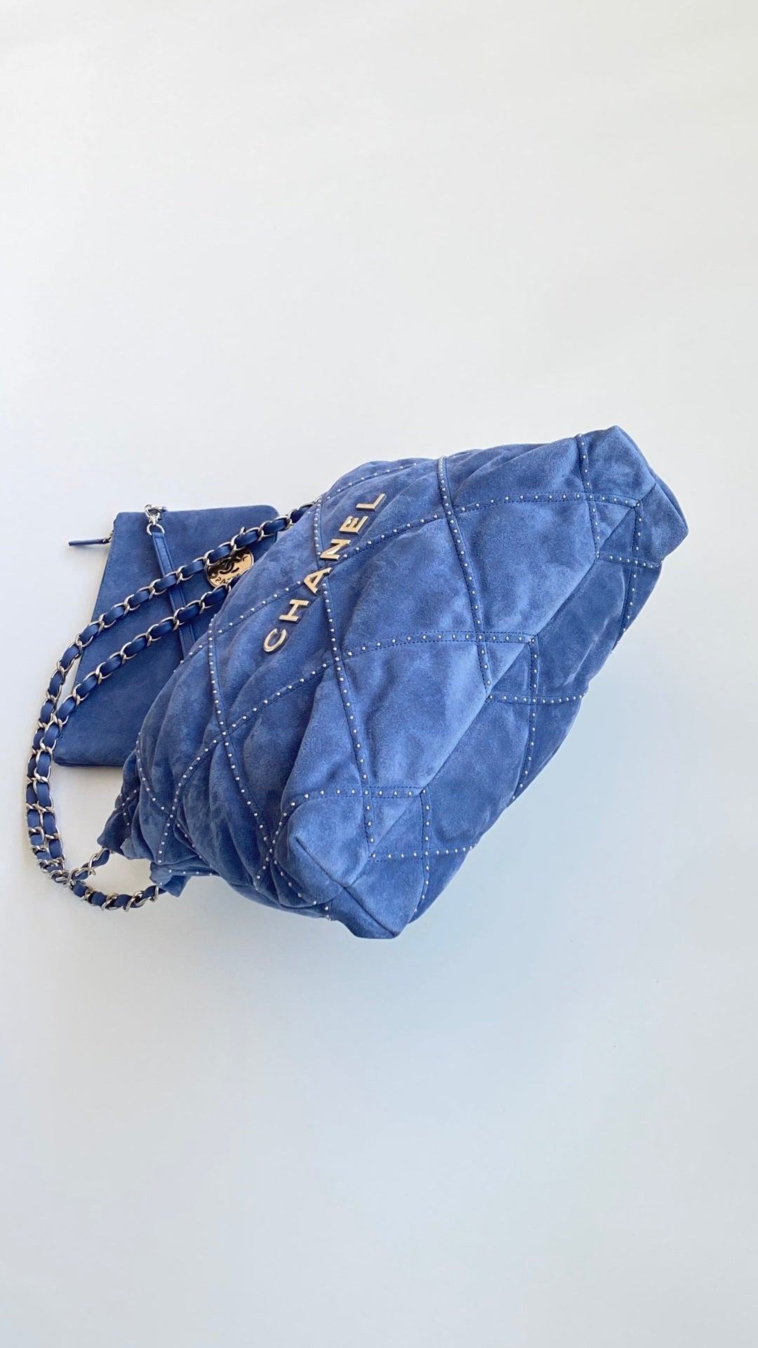 Chanel 25 Quilted Studded Bag Blue Suede