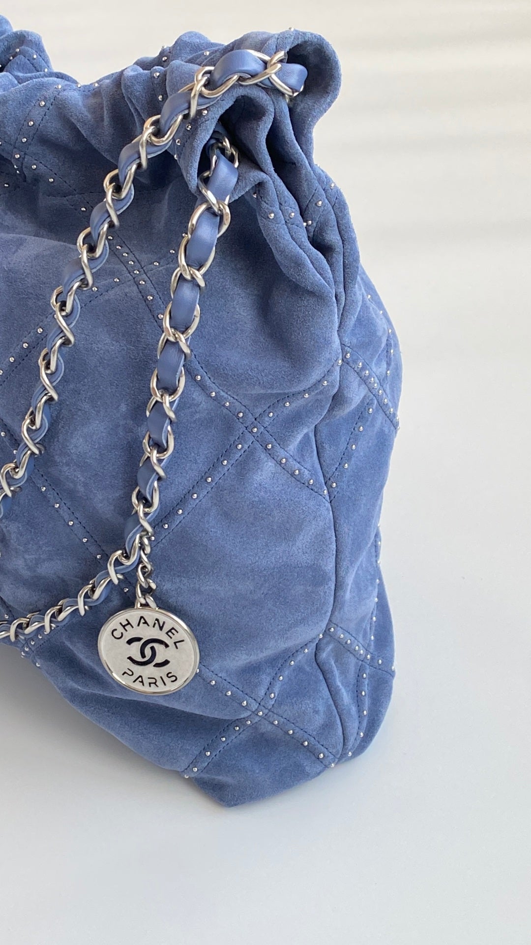 Chanel 25 Quilted Studded Bag Blue Suede
