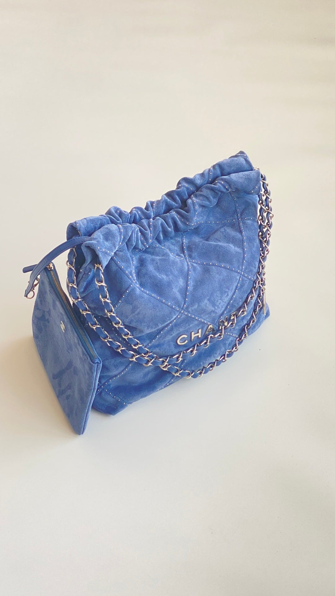 Chanel 25 Quilted Studded Bag Blue Suede