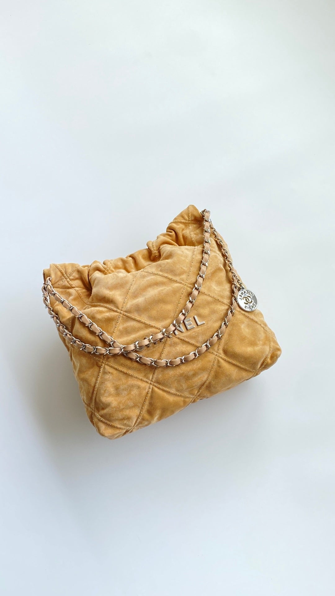 Chanel 25 Quilted Studded Bag Beige Suede