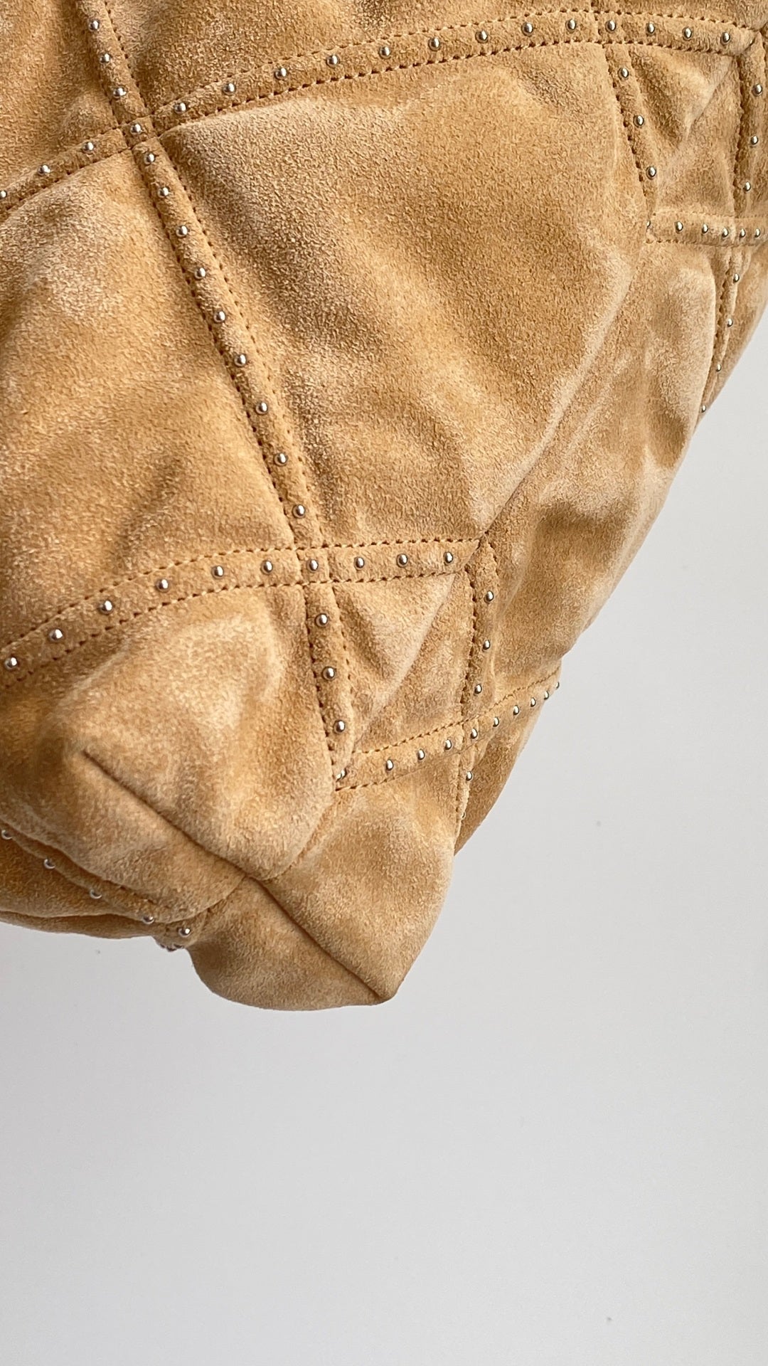 Chanel 25 Quilted Studded Bag Beige Suede