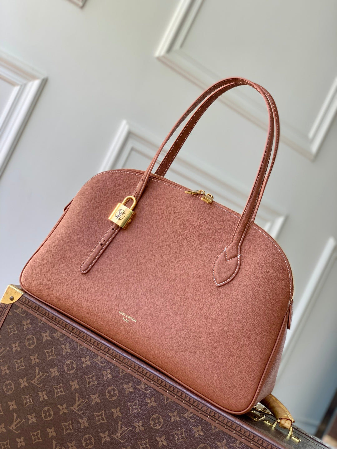 LV 2025 Low Key Duffle Tote Bag 43 Cognac Brown Calfskin 347097