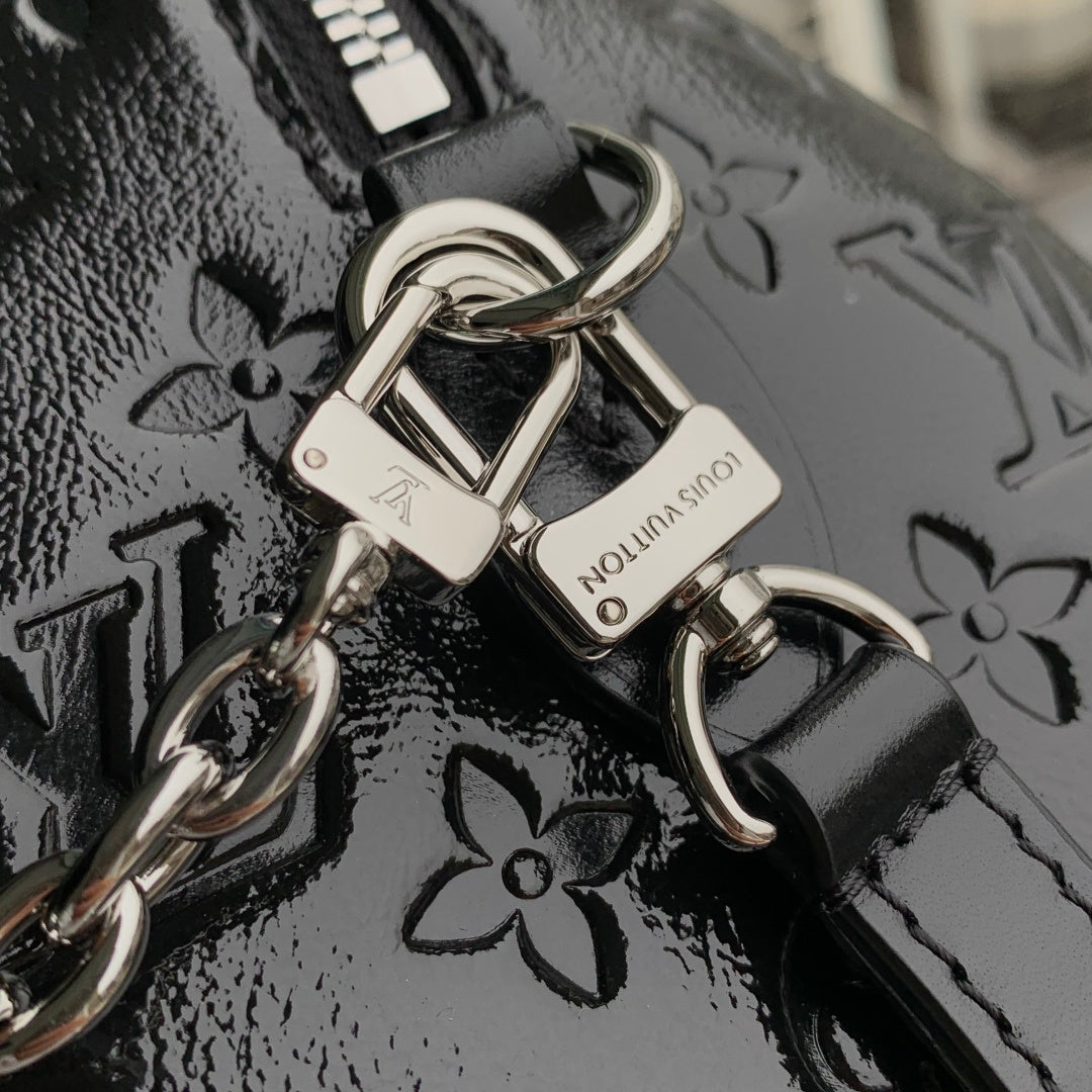 LV 2025 Speedy Trunk 20 Bag Black Silver Patent Leather 347370