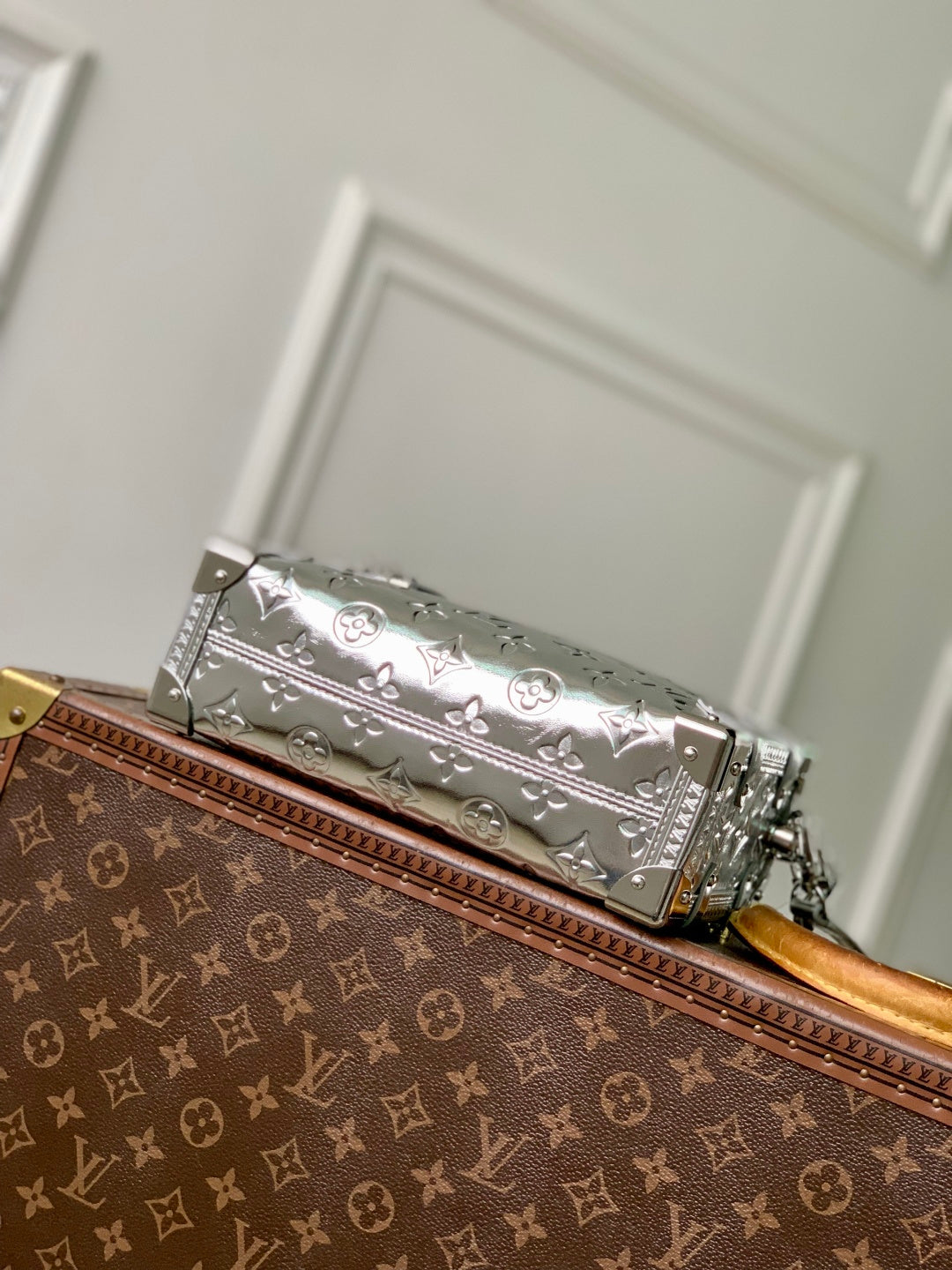 LV 2025 Side Trunk MM Bag Silver Calfskin 347376